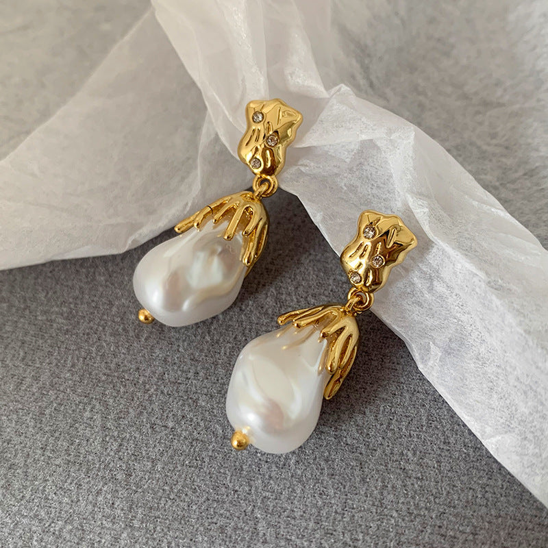 Gold Foil Pearl Earrings Electroplated Female Copper Retro Design - for Classy Goofballs gold foil pearl earrings