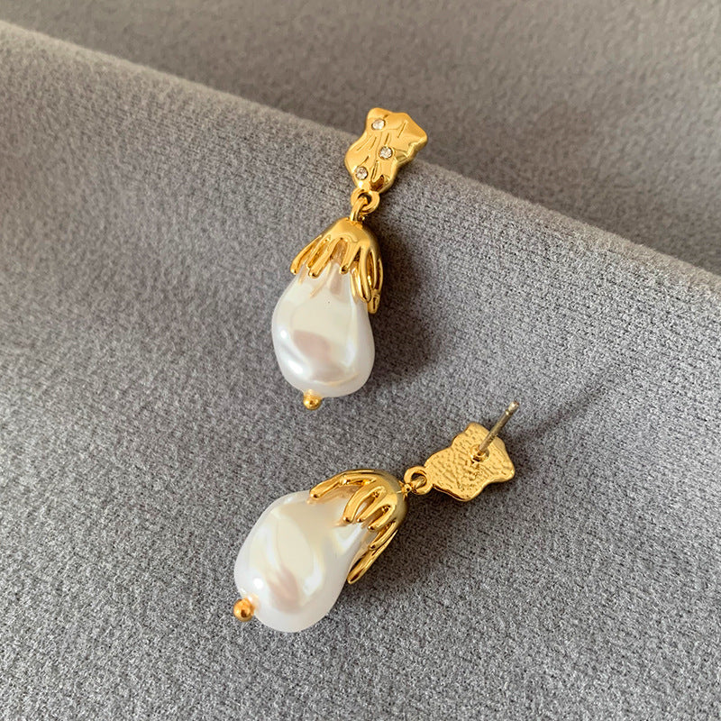 Gold Foil Pearl Earrings Electroplated Female Copper Retro Design - for Classy Goofballs gold foil pearl earrings