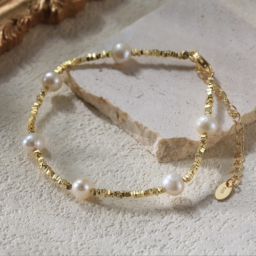 Gold Plated 925 Sterling Silver Natural Freshwater Pearl Ins Style Broken Silver Bracelet - Gold Plated 925 Silver