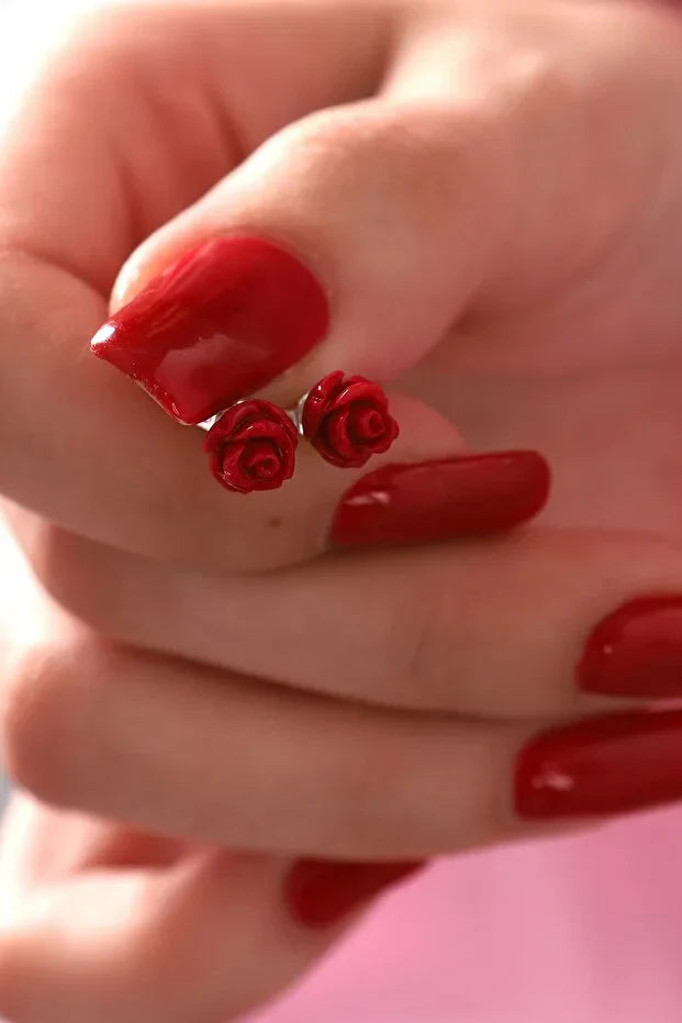 925 Sterling Silver Gold Plated Red Rose Earrings for Women