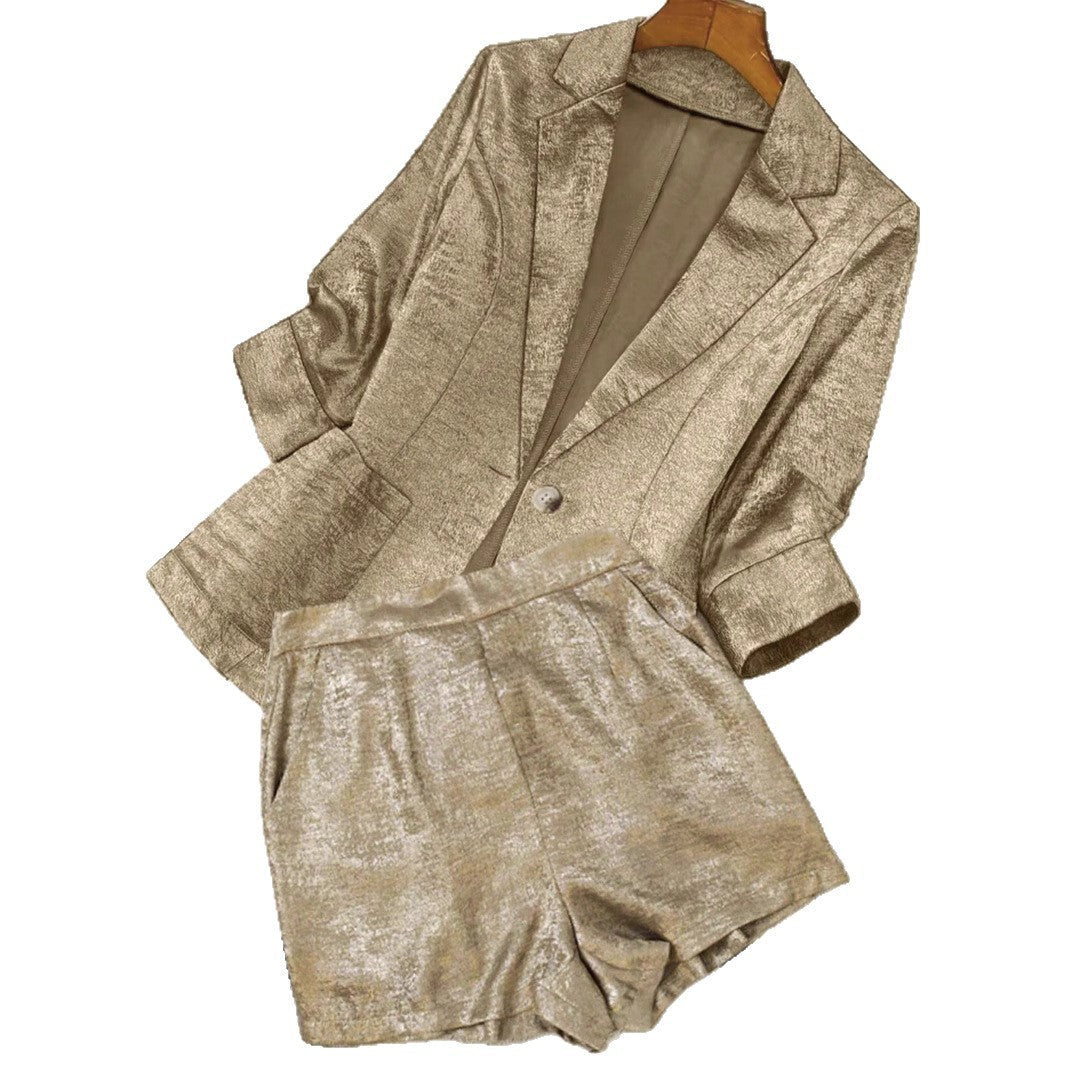 Gold Solid Color Shorts for Women with Pockets and Long Sleeves - Teleplus