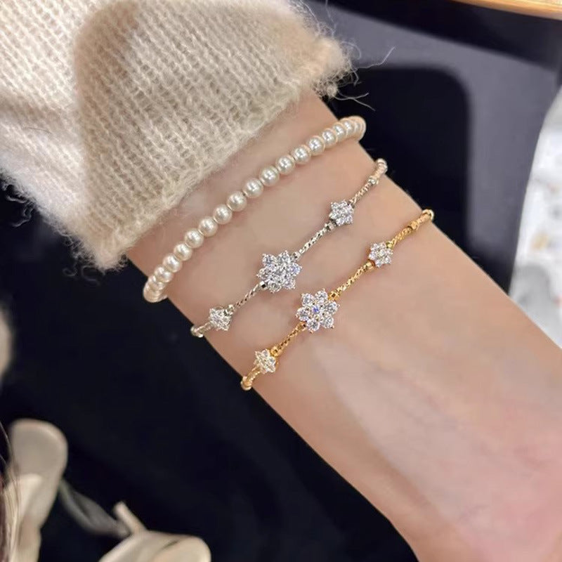 Gold Zircon Flower Bracelet for Women Small Floral Jewelry Set - zircon flower bracelet female