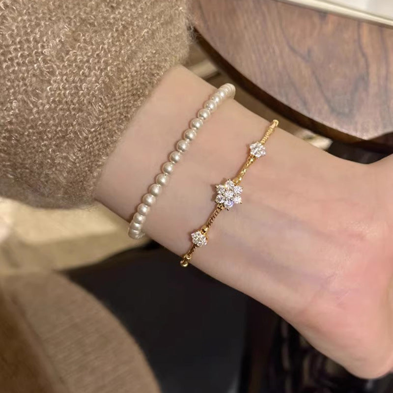 Gold Zircon Flower Bracelet for Women Small Floral Jewelry Set - zircon flower bracelet female