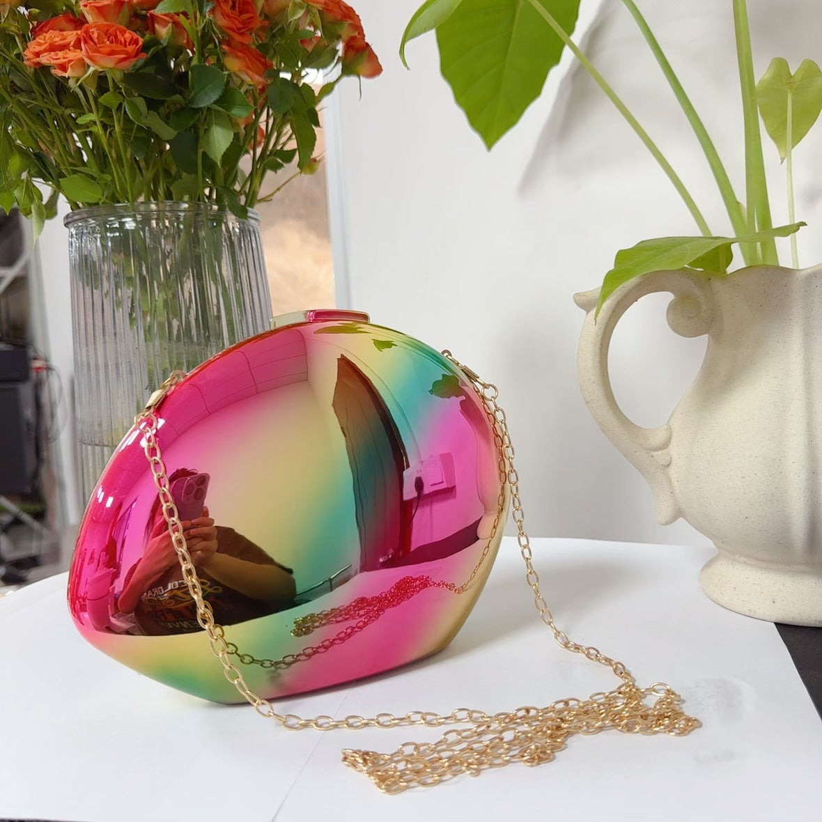 Golden Acrylic Metallic Box Banquet Clutch with Lining and Suitcase Design - Teleplus for Women golden acrylic metallic