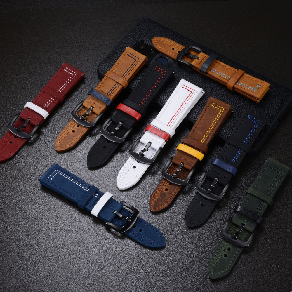 Genuine Grained Leather Strap in Multiple Colors with Silver and Black Buckles - Line Buckle grained leather strap