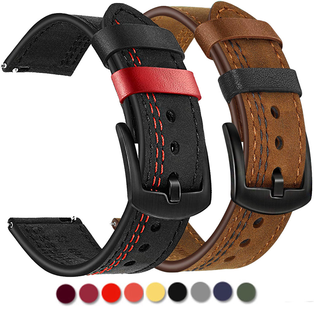 Grained Leather Strap For Quick Release Hand Made Retro - Grained Leather Strap with Line Black and Silver Buckle