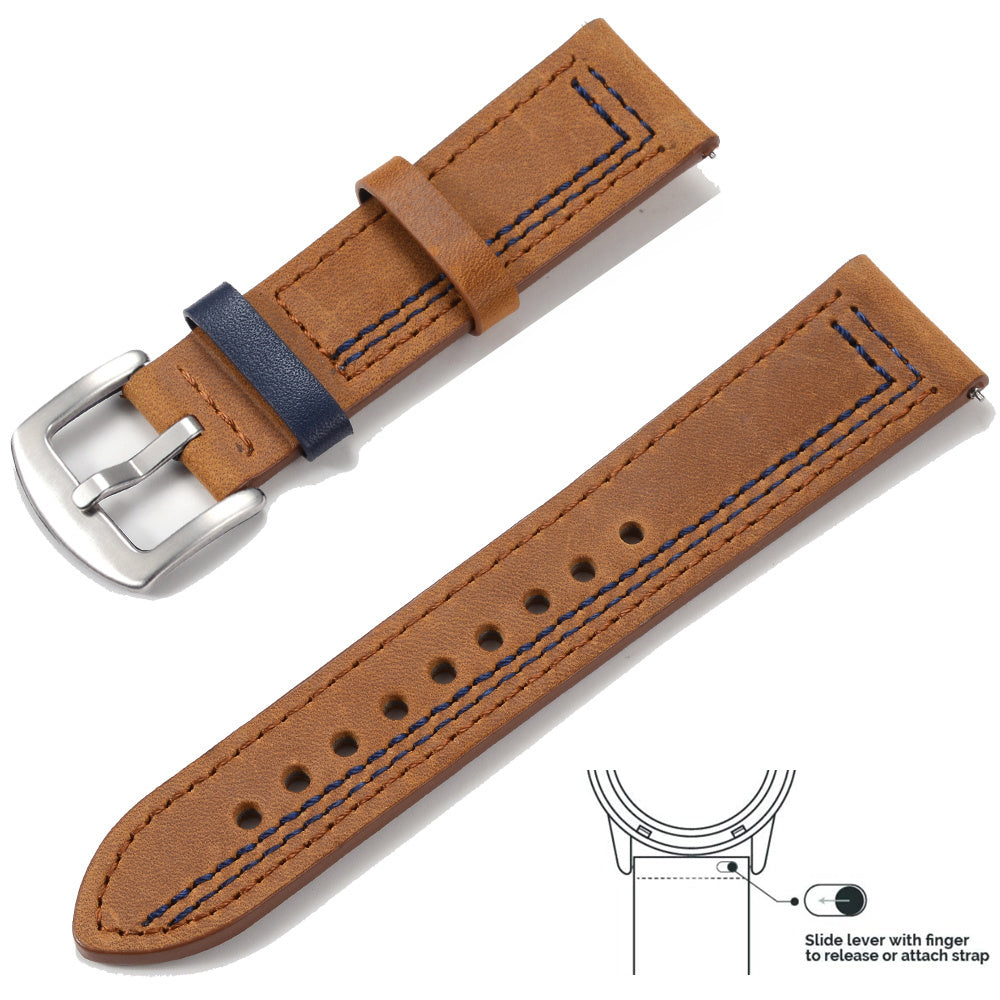 Grained Leather Strap For Quick Release Hand Made Retro - Grained Leather Strap with Line Black and Silver Buckle