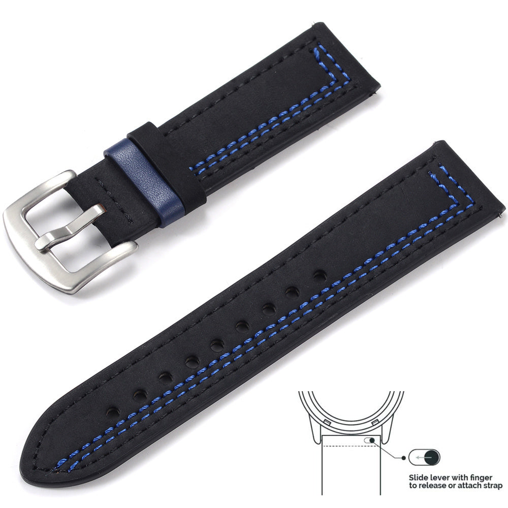 Grained Leather Strap For Quick Release Hand Made Retro - Grained Leather Strap with Line Black and Silver Buckle