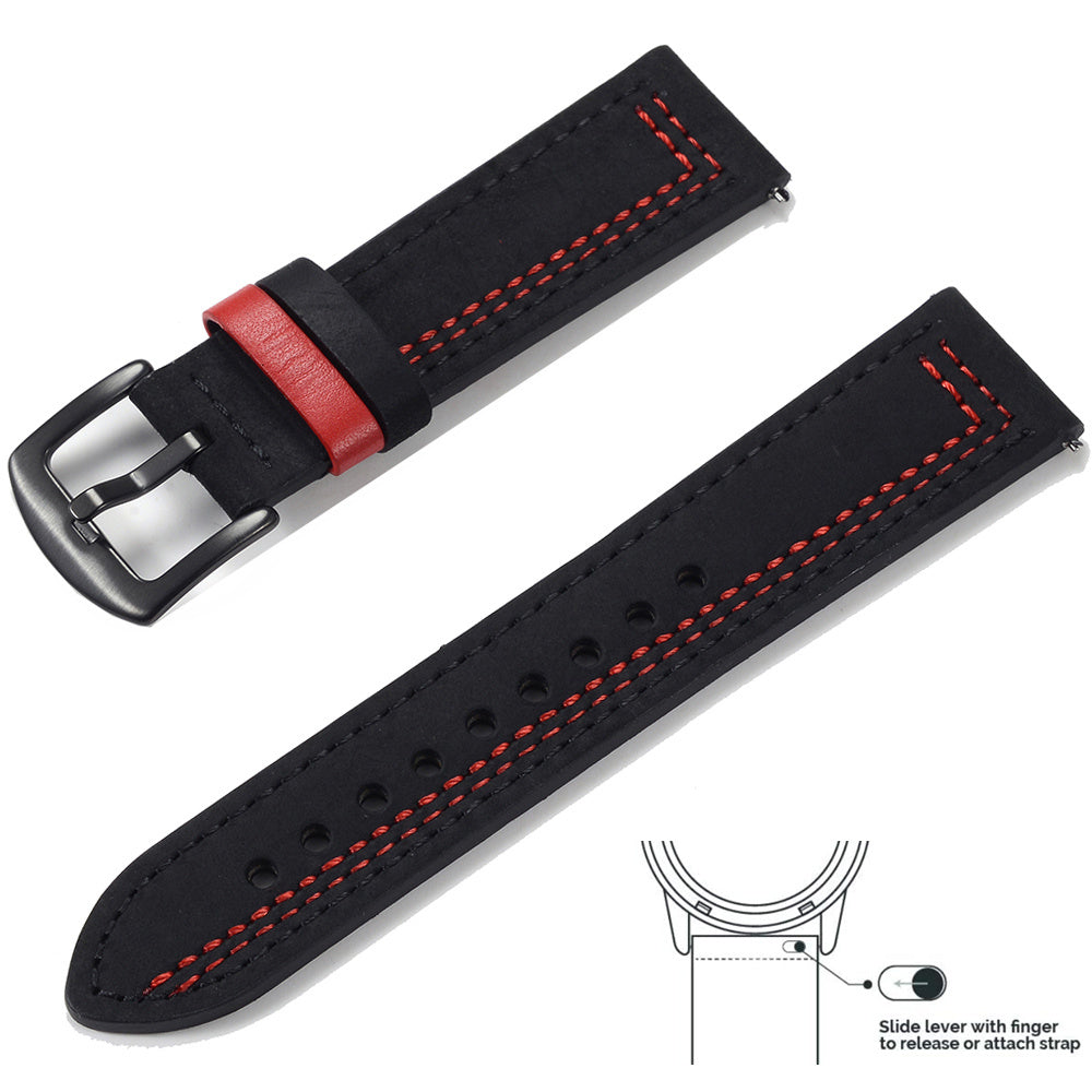 Grained Leather Strap For Quick Release Hand Made Retro - Grained Leather Strap with Line Black and Silver Buckle