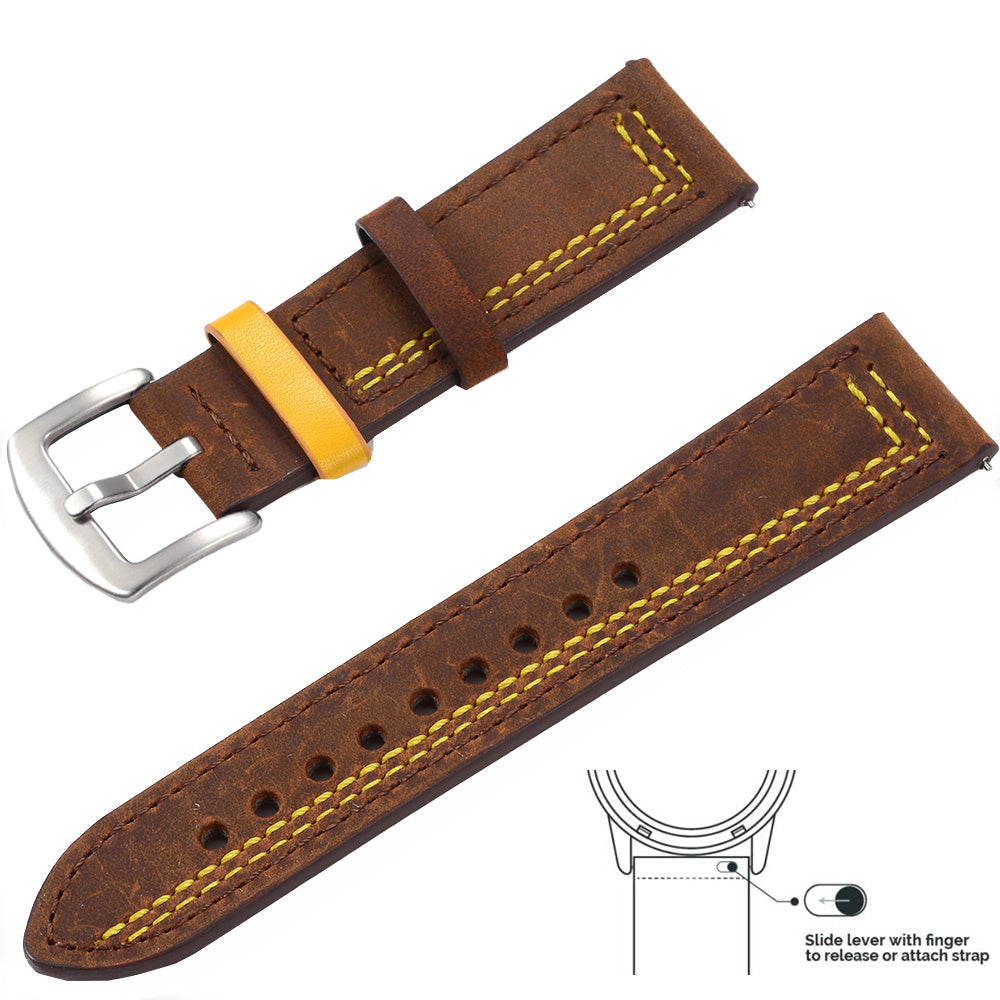 Grained Leather Strap For Quick Release Hand Made Retro - Grained Leather Strap with Line Black and Silver Buckle