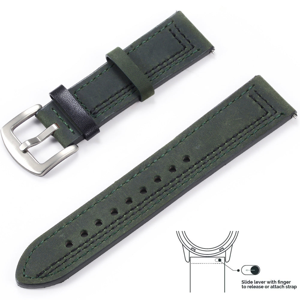 Grained Leather Strap For Quick Release Hand Made Retro - Grained Leather Strap with Line Black and Silver Buckle