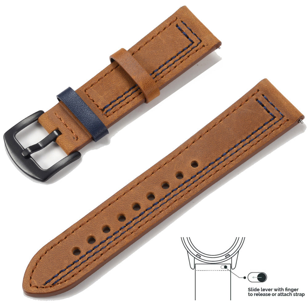 Grained Leather Strap For Quick Release Hand Made Retro - Grained Leather Strap with Line Black and Silver Buckle