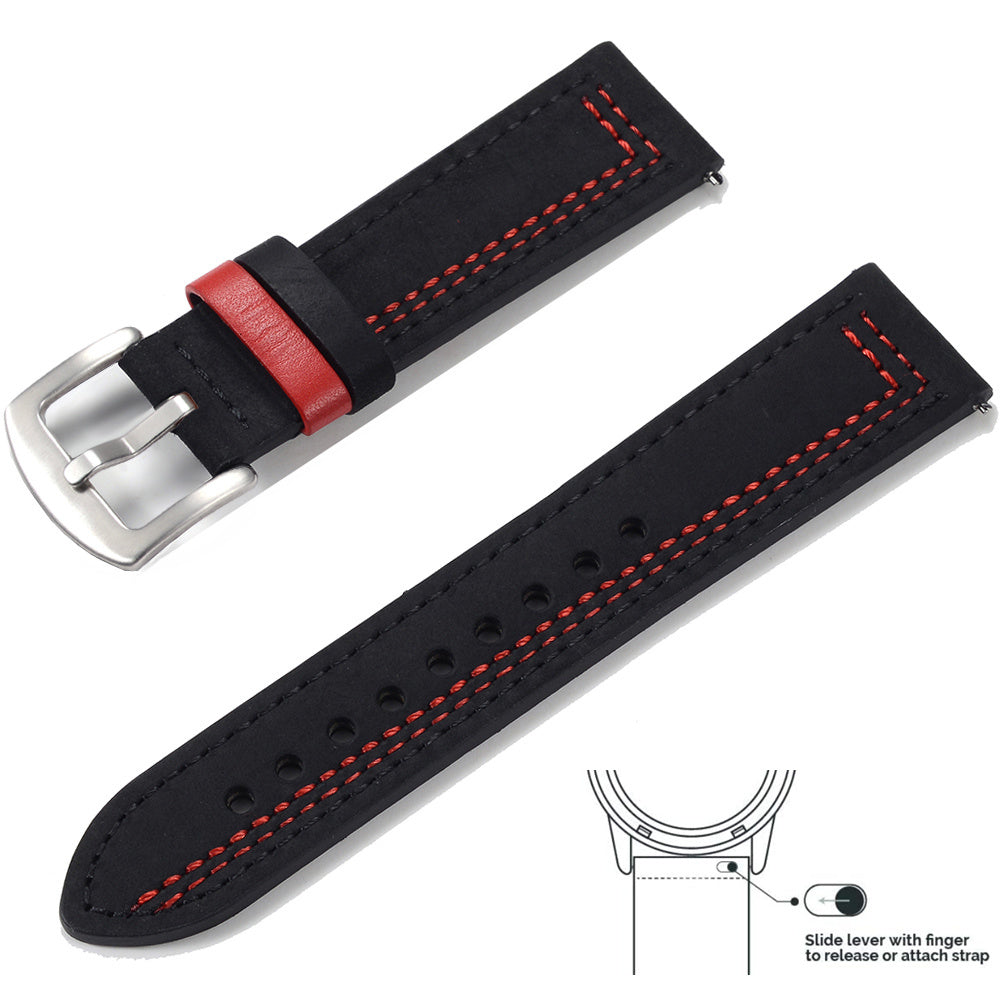 Grained Leather Strap For Quick Release Hand Made Retro - Grained Leather Strap with Line Black and Silver Buckle