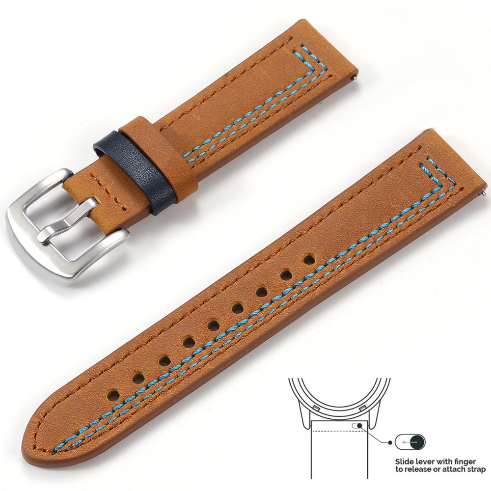 Grained Leather Strap For Quick Release Hand Made Retro - Grained Leather Strap with Line Black and Silver Buckle