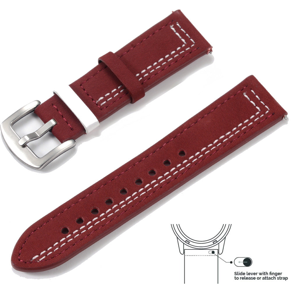 Grained Leather Strap For Quick Release Hand Made Retro - Grained Leather Strap with Line Black and Silver Buckle