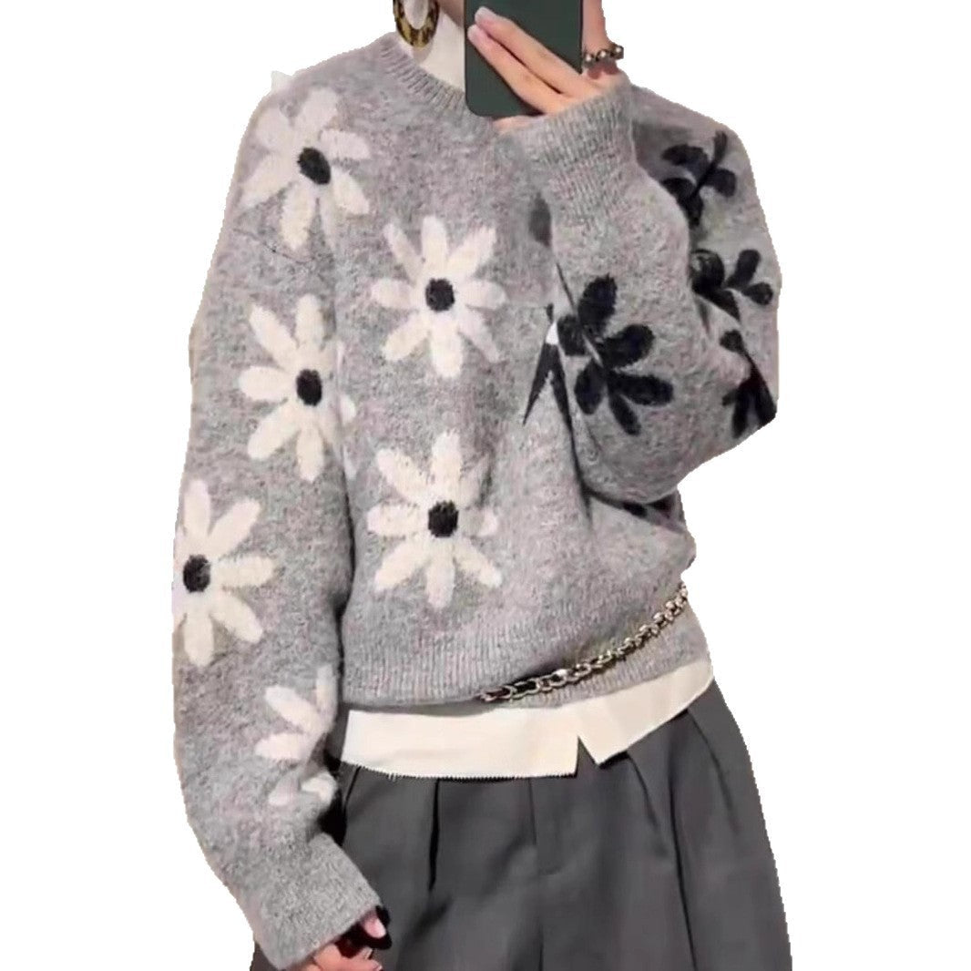 Gray Floral Jacquard Knit Pullover Sweater Japanese Korean Casual Loose Fit
