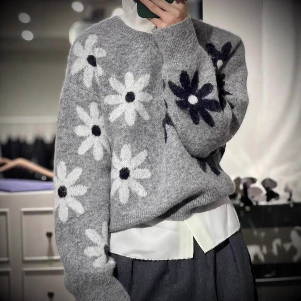 Gray Floral Jacquard Knit Pullover Sweater Japanese Korean Casual Loose Fit
