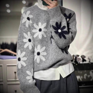 Gray Floral Jacquard Knit Pullover Sweater Japanese Korean Casual Loose Fit