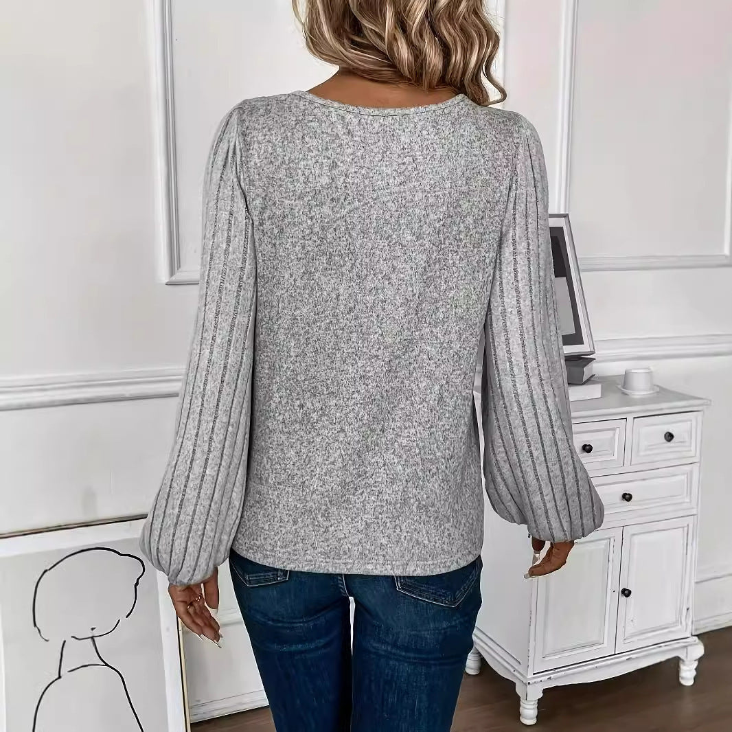 Gray Lace Long Sleeve Pullover Elegant Polyester Top for Women S-XXL - by Teleplus