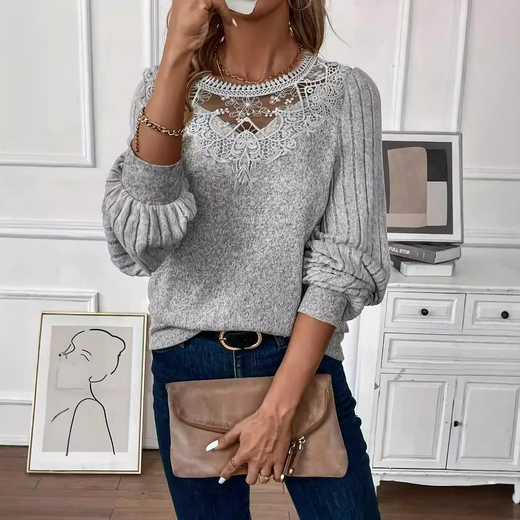 Gray Lace Long Sleeve Pullover Elegant Polyester Top for Women S-XXL - by Teleplus
