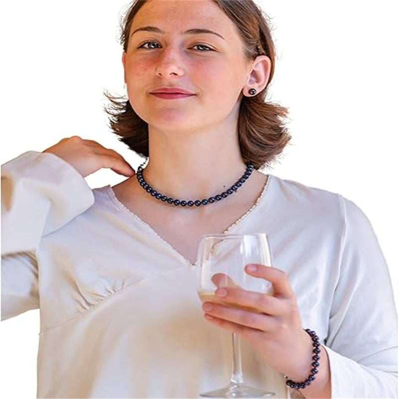 Female Pendant Necklace Set with Gray Round Beads and Jewelry Accessories - Black Pearls gray round beads united states