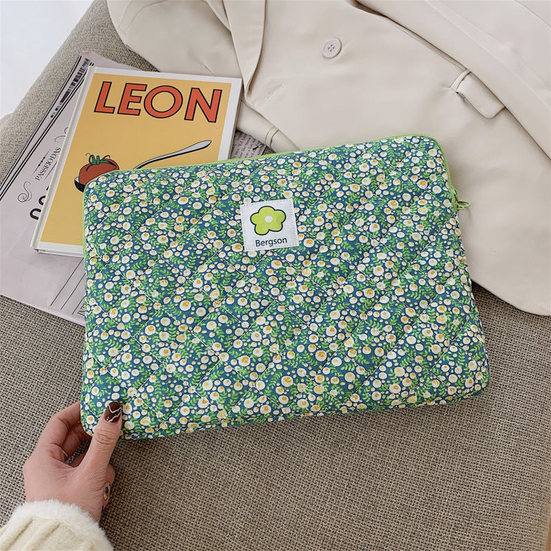 Green Flower Tablet Handbag Cotton Case Breathable Anti-theft Zipper - Teleplus green flower plaid