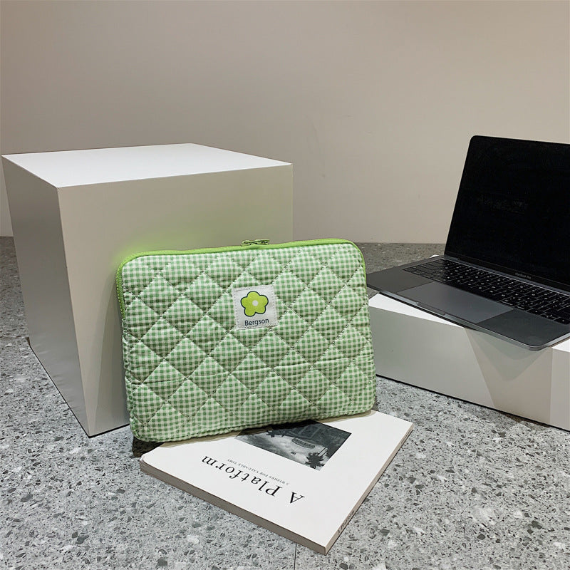 Green Flower Tablet Handbag Cotton Case Breathable Anti-theft Zipper - Teleplus green flower plaid