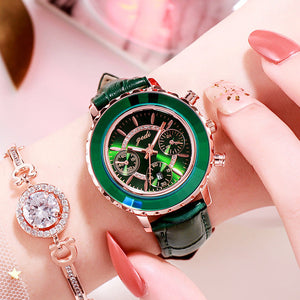 Green Leather Strap Ladies Belt Calendar Watch - Green Leather Strap Ladies Belt Calendar Watch