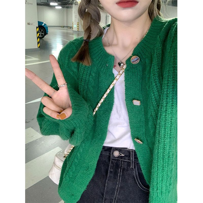 Green Long Sleeve Cardigan for Women Asian Sizes Casual Button Down Top