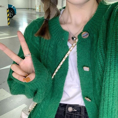 Green Long Sleeve Cardigan for Women Asian Sizes Casual Button Down Top