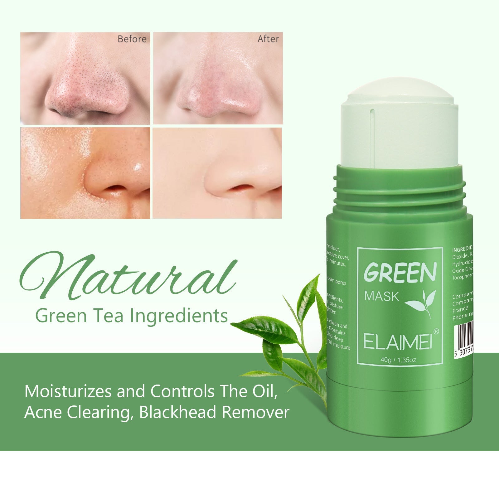 Green Tea Cleansing Blackhead Oil Control Acne Smear Mask - Green Tea Solid Mask for Clean Skin and Smiles