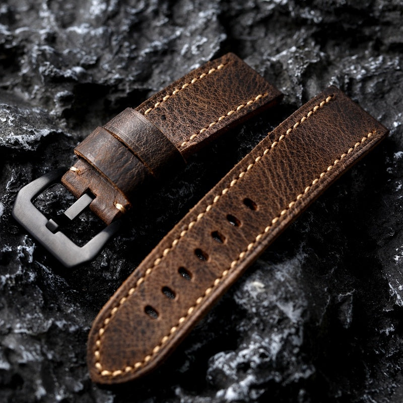 Genuine Leather Watch Strap with Silver Buckle for Head Replacement - Hand-Folded Band Accessory head leather strap