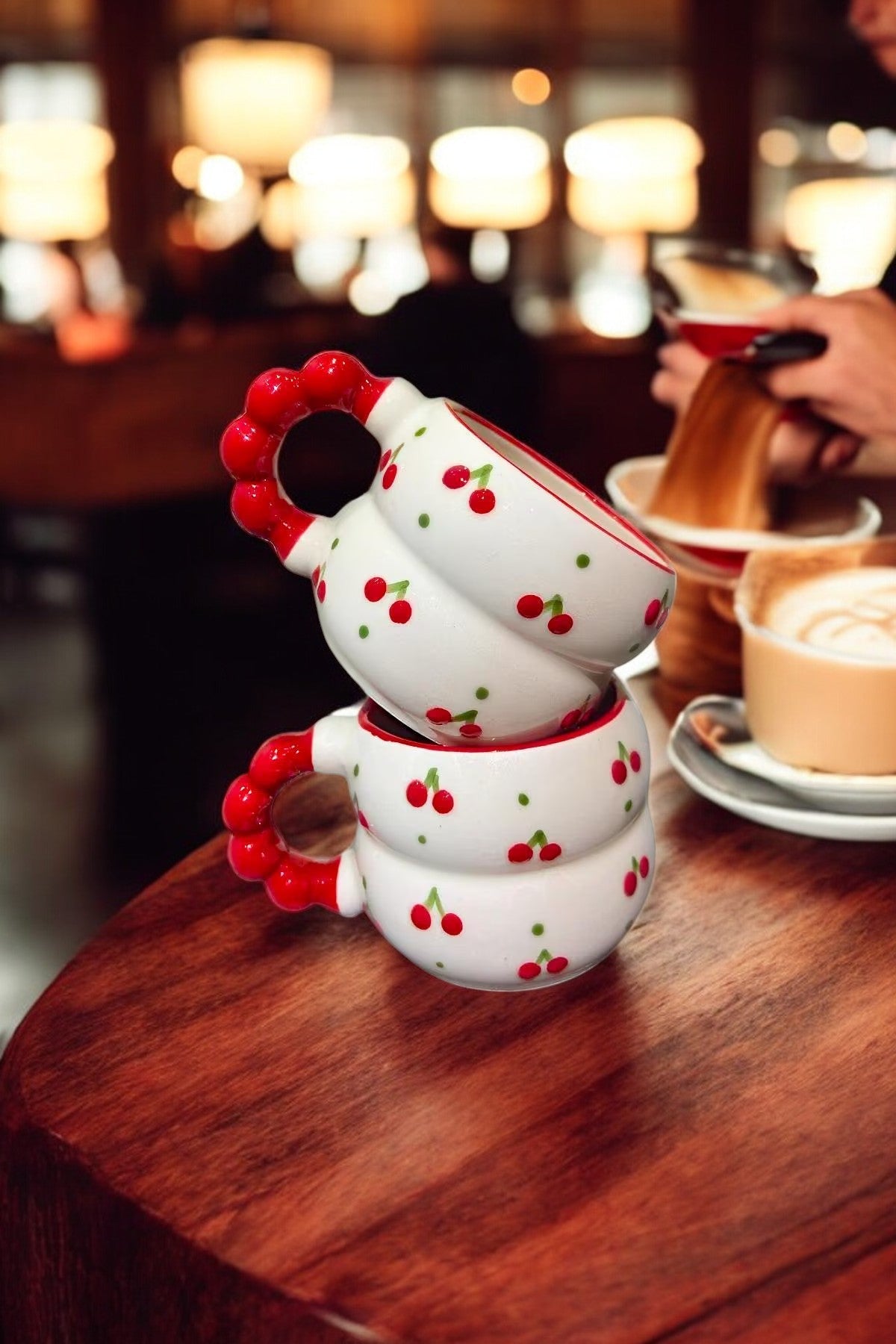 Handmade Ceramic Cherry Mugs Set of 2 325ml Capacity for Fruit Themed Drinkware - Teleplus handmade ceramic cherry mugs