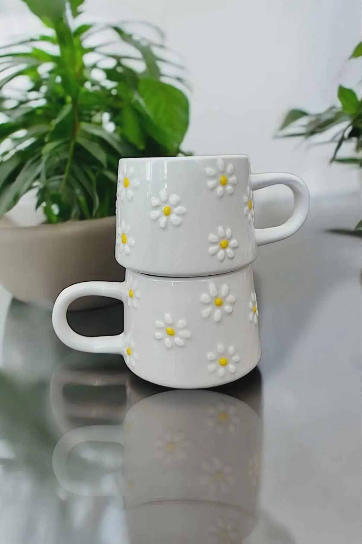 Handmade Ceramic Mug Set with Yellow Daisy Design for Coffee and Tea - Teleplus handmade ceramic mug yellow daisy design