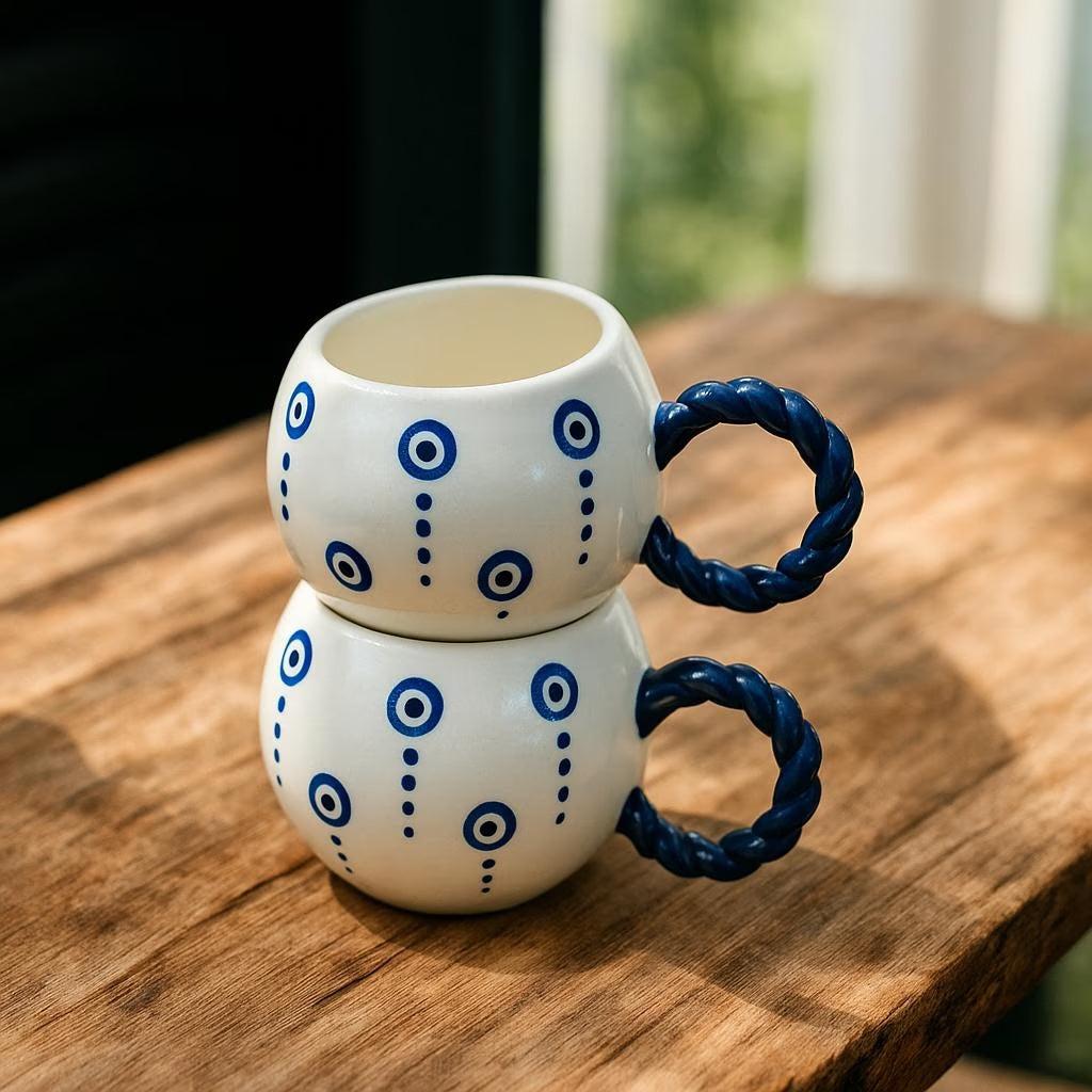 Handmade Ceramic Mugs with Embossed Evil Eye Symbol Set of 2 - Teleplus handmade ceramic mugs turkish coffee embossed
