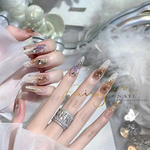 Handmade Detachable Almond Nail Stickers with Gold Armor Design - Teleplus handmade detachable almond wear nail stickers