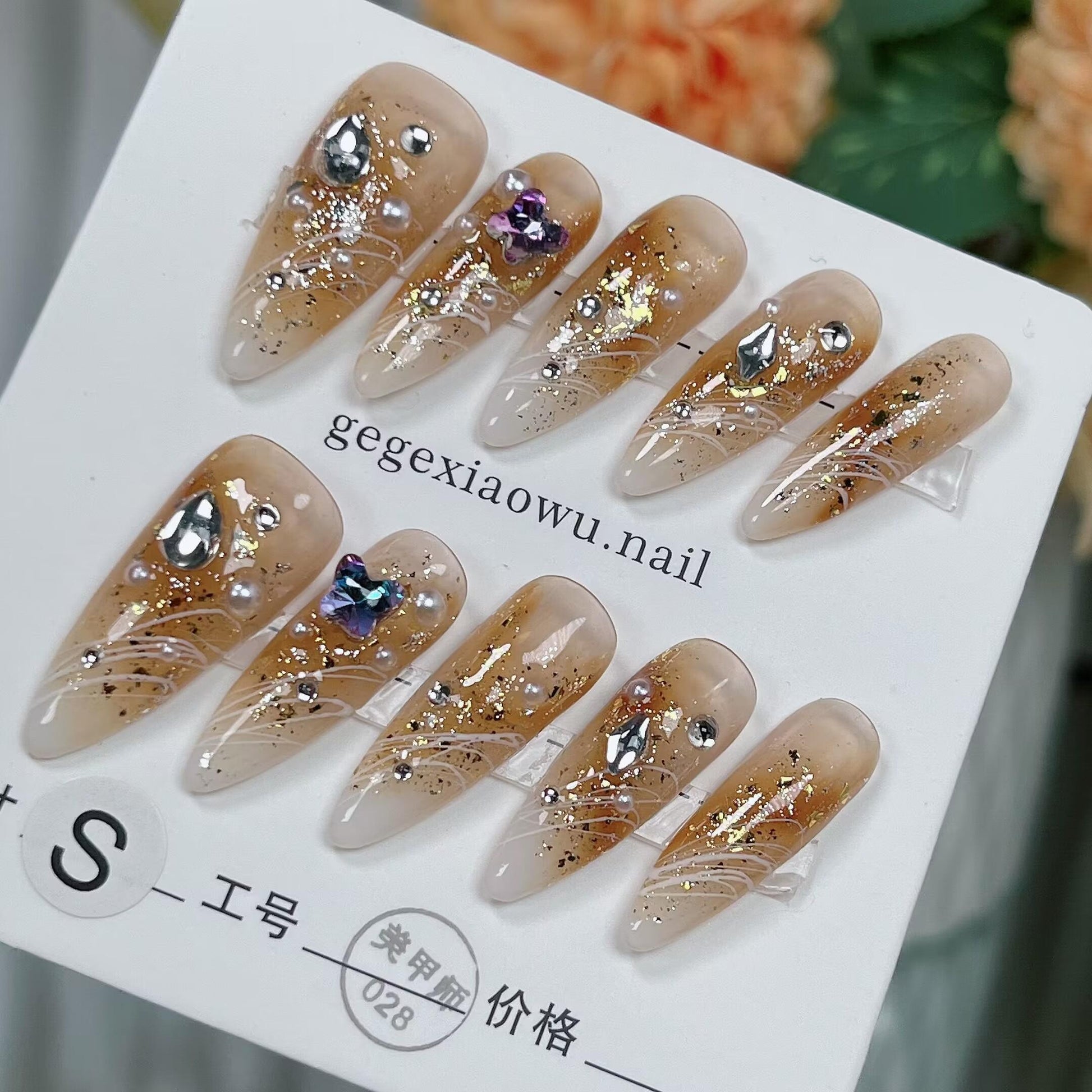 Handmade Detachable Almond Nail Stickers with Gold Armor Design - Teleplus handmade detachable almond wear nail stickers