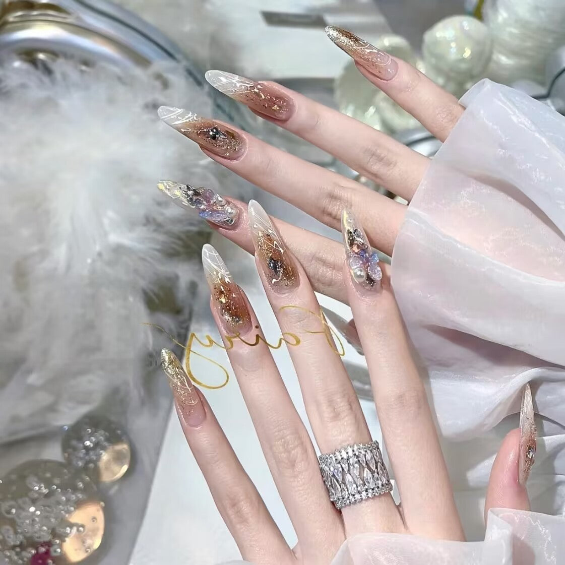 Handmade Detachable Almond Nail Stickers with Gold Armor Design - Teleplus handmade detachable almond wear nail stickers