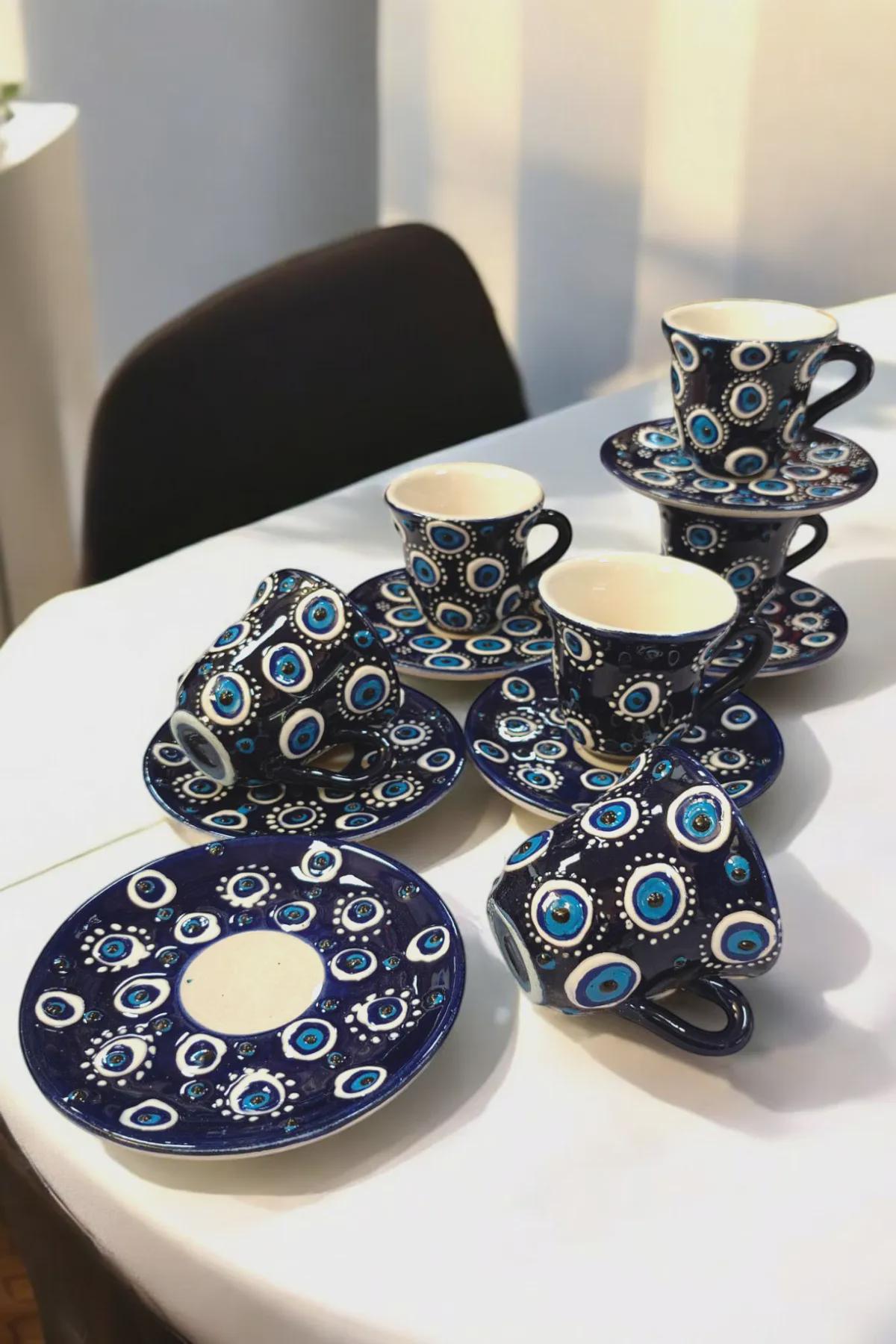 Handmade Evil Eye Coffee Cup Set for Turkish Rituals - handmade evil eye turkish coffee cup set