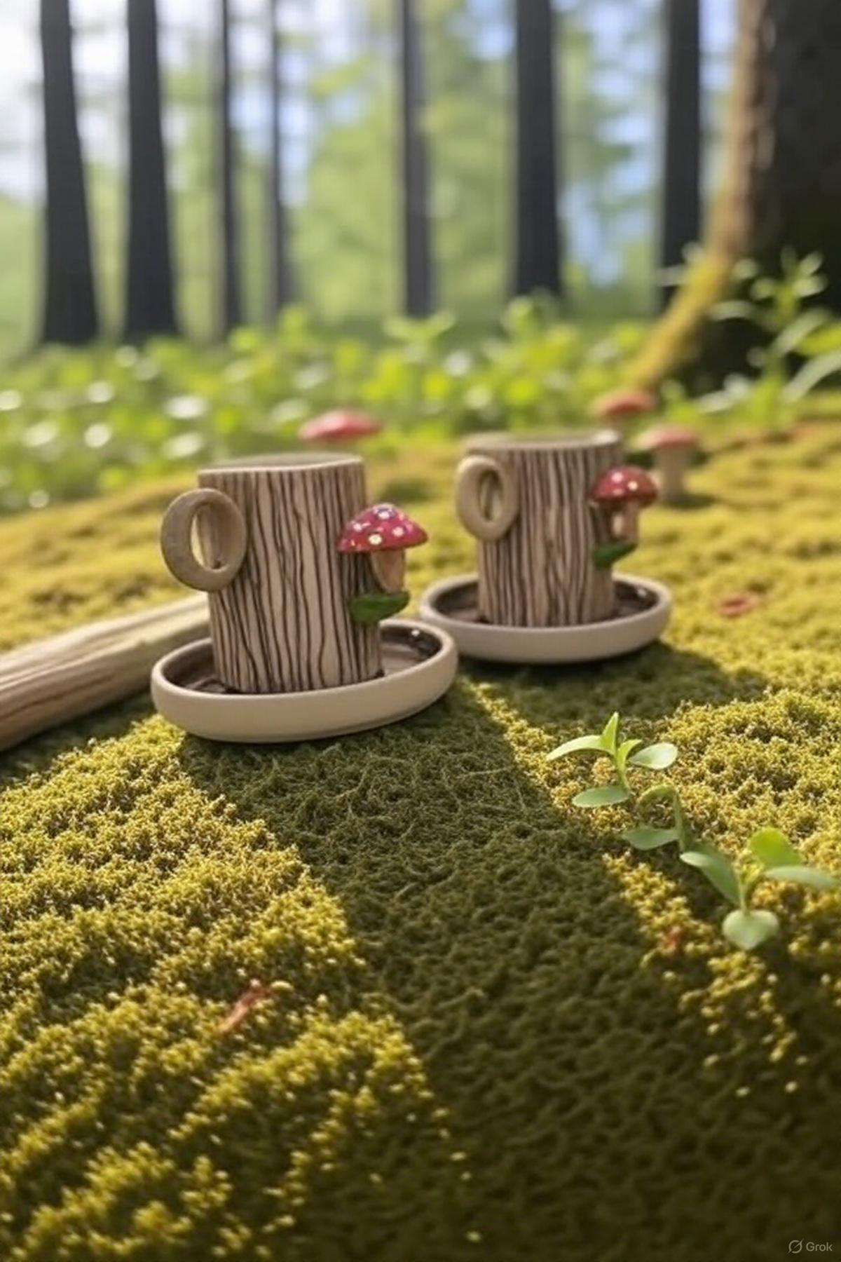 Handmade Mushroom Cup Set with Log Texture for Espresso and Herbal Teas - handmade mushroom cup set herbal teas