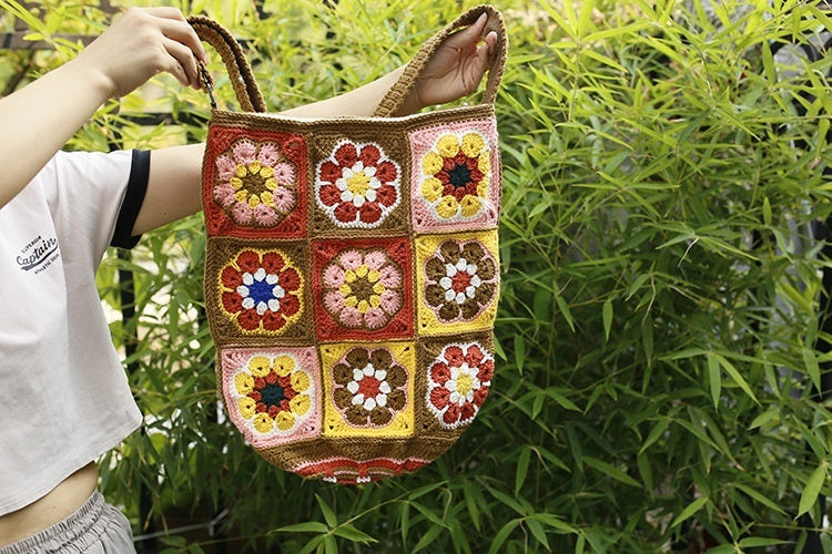 Handmade Woven Bucket Bag with Ethnic Style and Grandmother Plaid Details - Granny grandmother plaid ethnic style