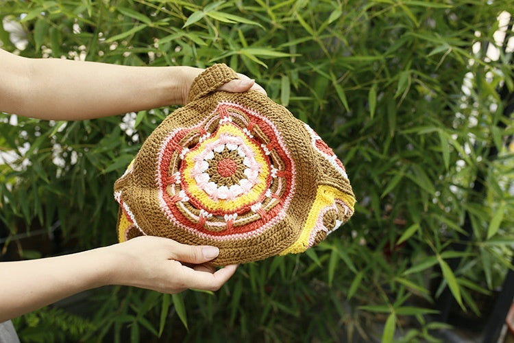 Handmade Woven Bucket Bag with Ethnic Style and Grandmother Plaid Details - Granny grandmother plaid ethnic style