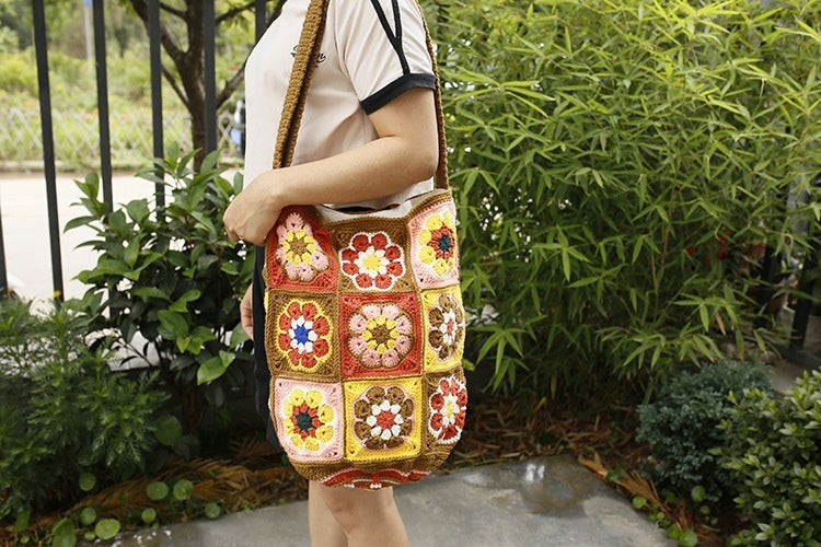Handmade Woven Bucket Bag with Ethnic Style and Grandmother Plaid Details - Granny grandmother plaid ethnic style