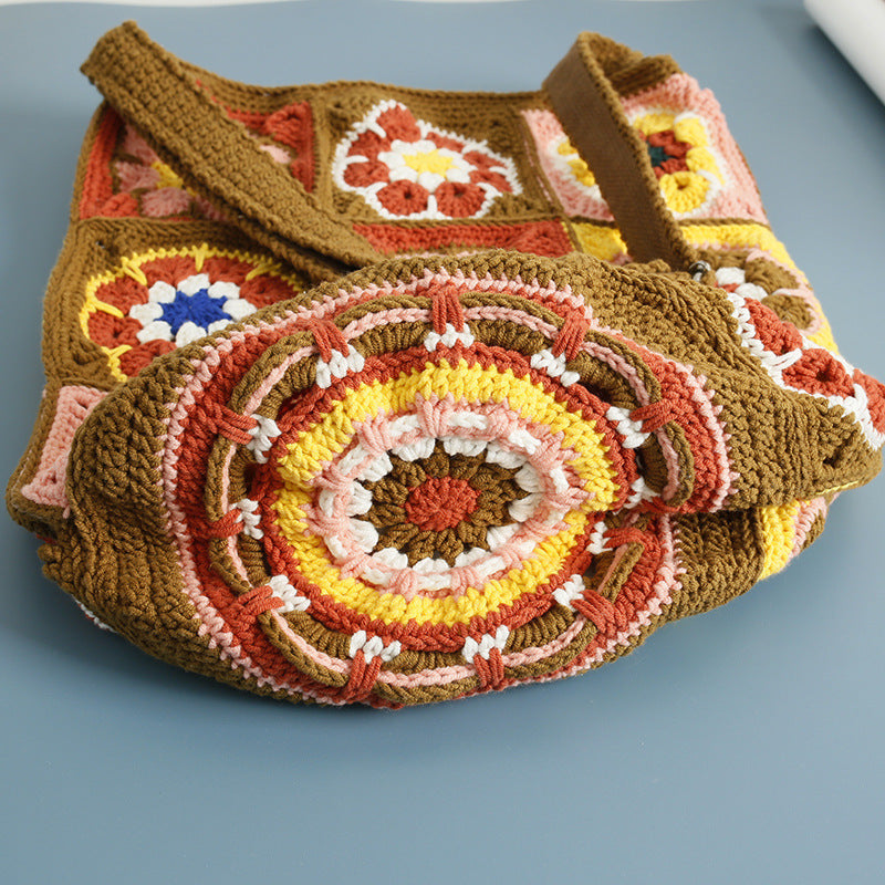 Handmade Woven Bucket Bag with Ethnic Style and Grandmother Plaid Details - Granny grandmother plaid ethnic style