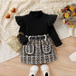 High Neck Ribbing Top Woolen Plaid Skirt Belt Girls Suit - Plaid Perfection for Tiny Fashionistas in Woolen Chic