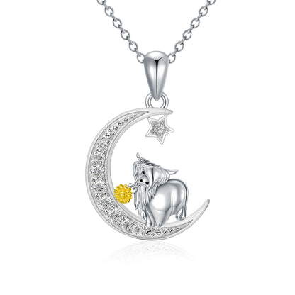 Highland Cow Necklace Sterling Silver Cow Pendant Sunflower Necklace Cow Jewelry Gifts for Women Girls Cow Lovers