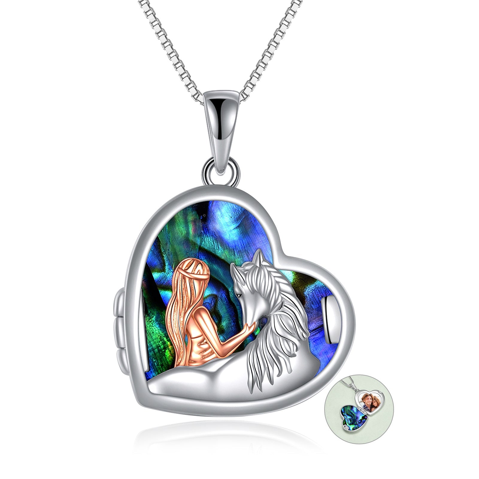 Horse and Girl Abalone Shellfish Heart Sterling Silver Photo Locket Necklace - Saddle Up with Our Horse and Girl Heart