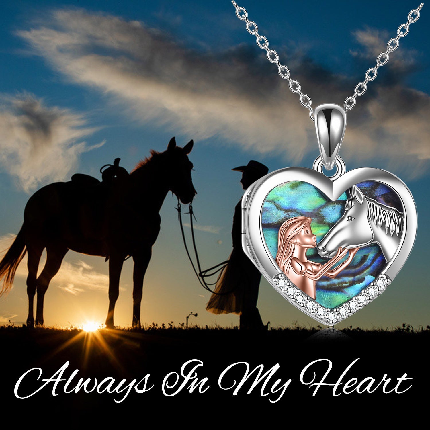 Horse Heart with Girls Pendant Necklace Gifts for Her - Saddle Up with the Horse Heart Pendant Necklace