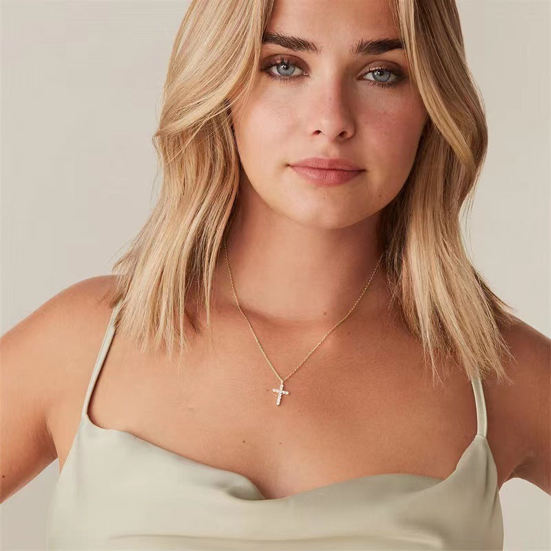 Hot New 925 Sterling Silver Necklace Cross Full Diamond Women’s Collarbone Chain Wrapped Gold 14k Gold Pendant