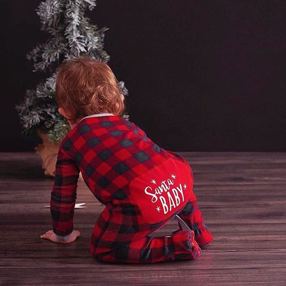 Infant Baby Boys Girls Christmas Santa XMAS Letter Plaid Romper Jumpsuit Outfits baby clothes winter clothe - Santa’s